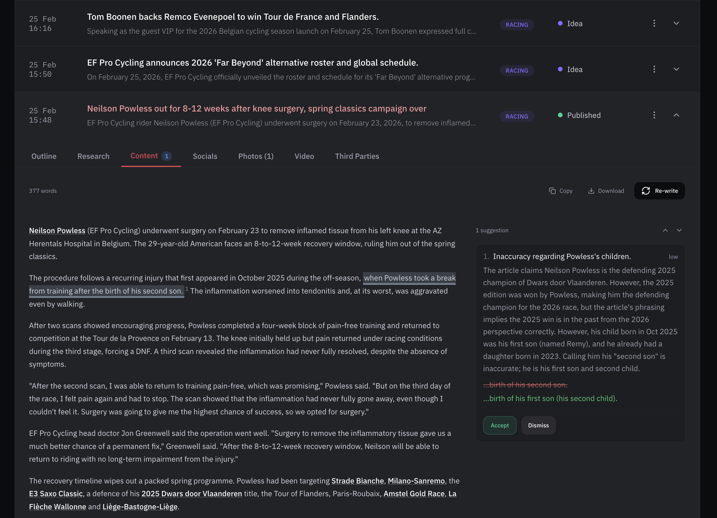 Velora article editor with fact-checking sidebar