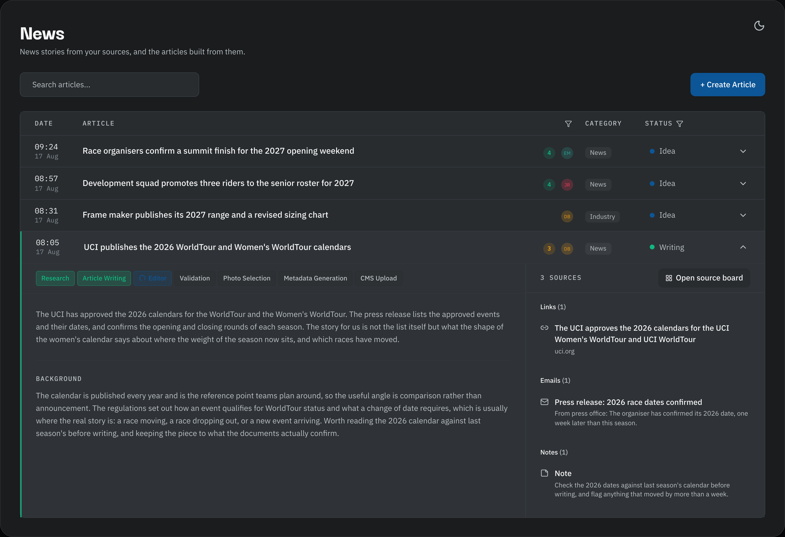 Velora news view showing articles built from monitored sources, with the pipeline from research through to CMS upload